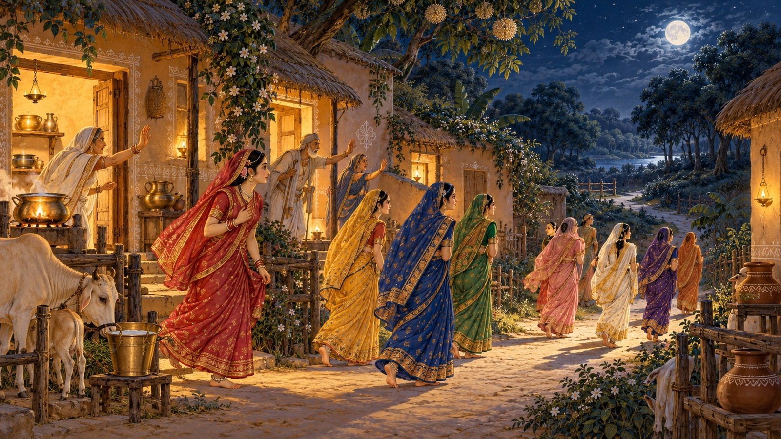 Women of Vraja leaving their homes at night, drawn by the sound of Krishna's flute through the moonlit lanes