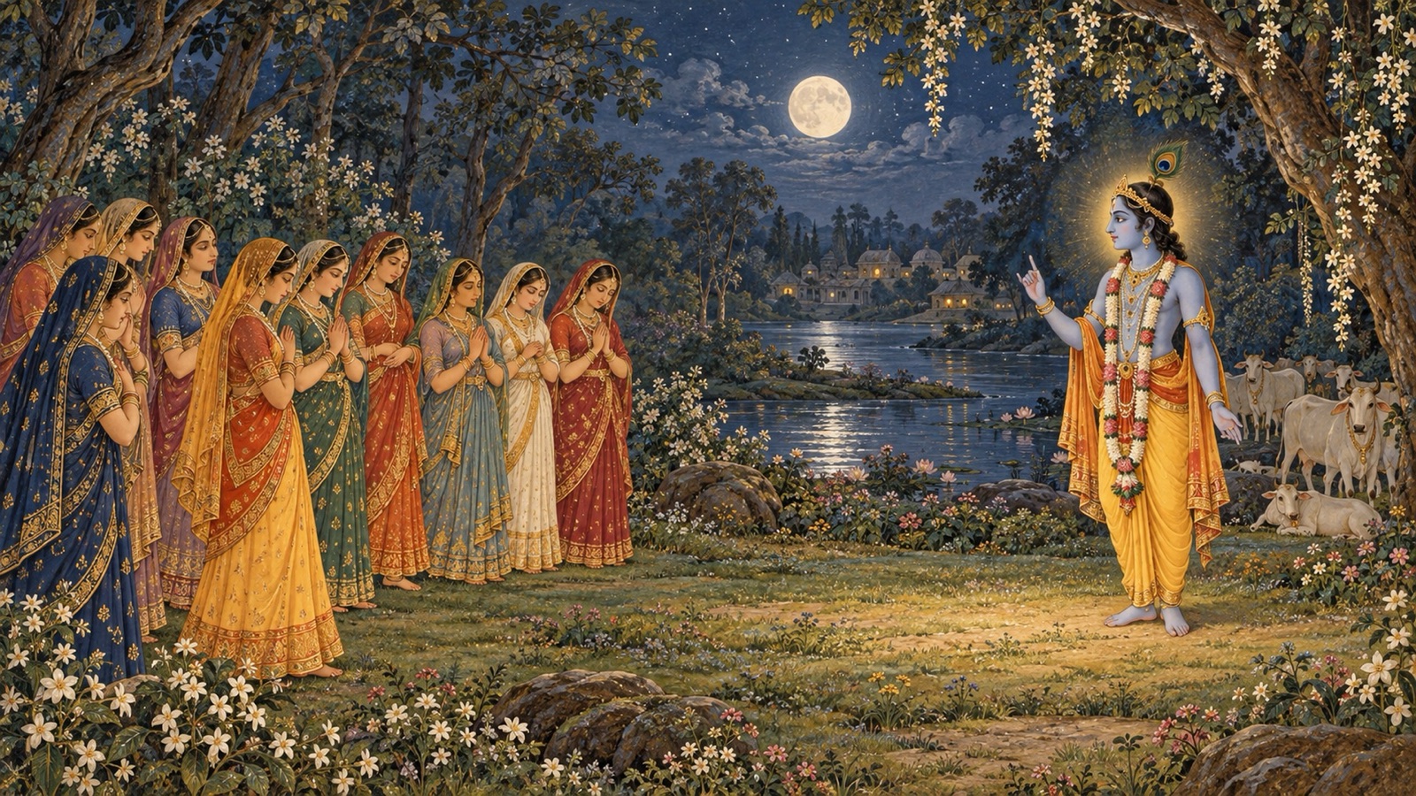 Krishna standing in the moonlit forest instructing the gopis of Vraja to return to their homes