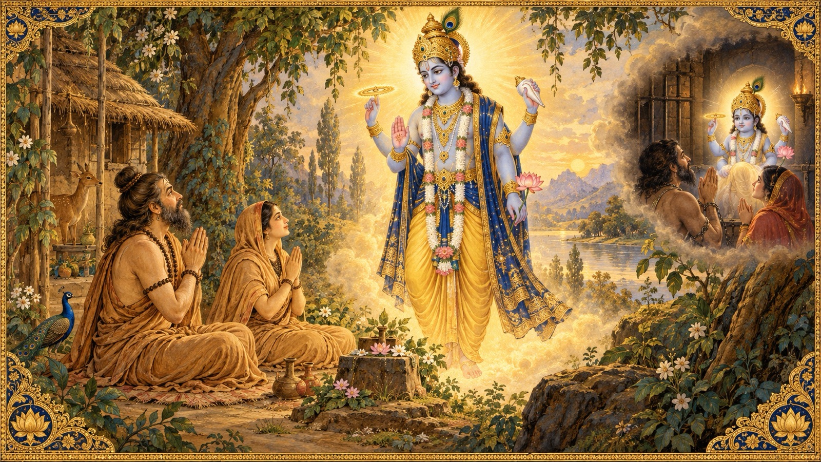 वसुदेव और देवकी को अपने पूर्व अवतरणों का स्मरण कराते भगवान्, जो कभी सुतपा और पृश्नि थे
