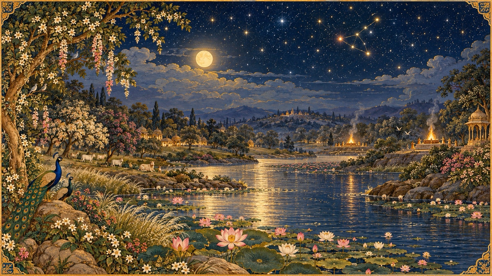 The night sky clear with gentle stars and blooming lotuses as all of nature grows serene at the hour of the Lord's advent