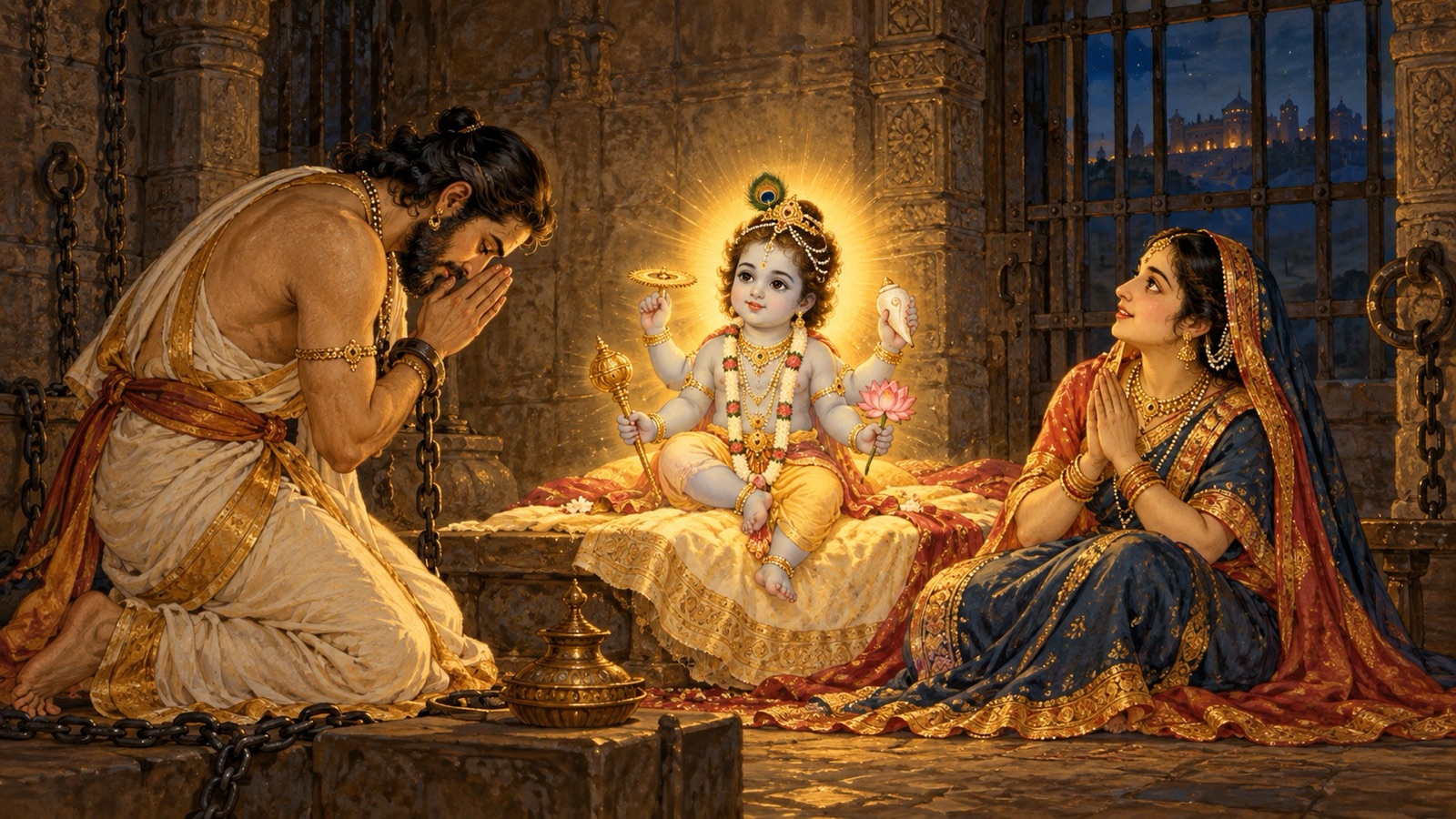 Vasudeva and Devaki with folded palms glorifying the four-armed Lord in the prison chamber