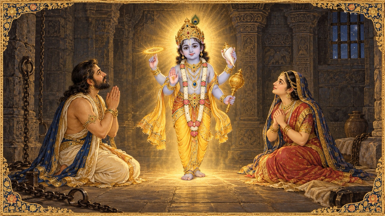 The four-armed Supreme Lord appearing radiant before Vasudeva and Devaki in Kamsa's prison at midnight