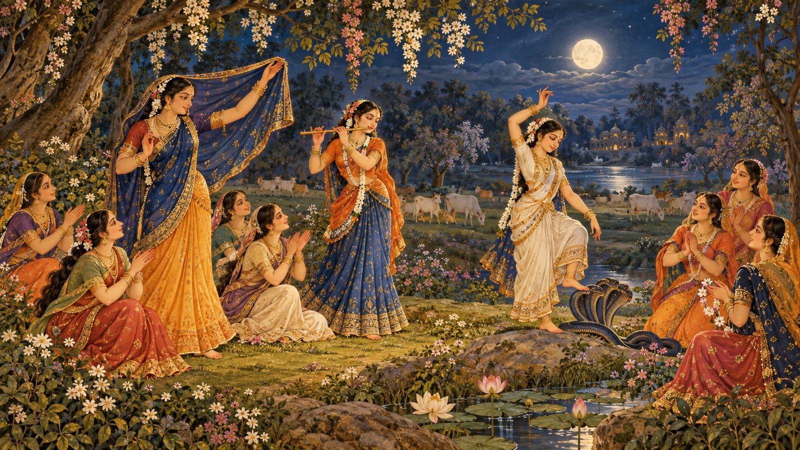 वन में श्रीकृष्ण की लीलाओं का अभिनय करती गोपियाँ — एक उत्तरीय ऊपर उठाए, दूसरी वंशी बजाती हुई