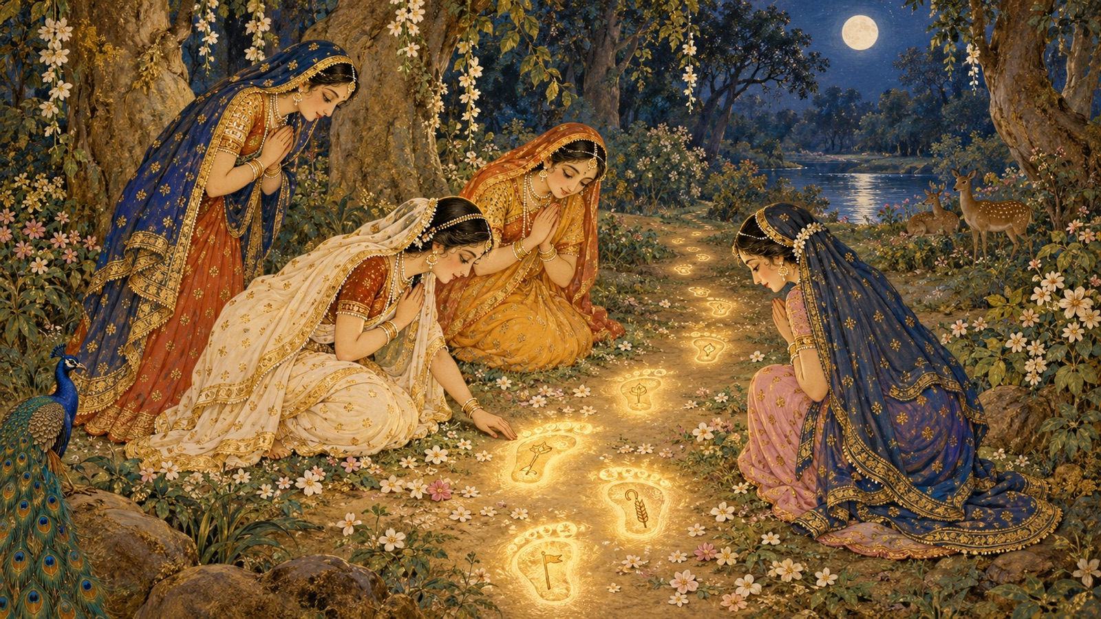 वन की मिट्टी पर ध्वजा, कमल, वज्र, अंकुश और यव के चिह्नों से अंकित श्रीकृष्ण के चरण-चिह्नों पर झुकी गोपियाँ