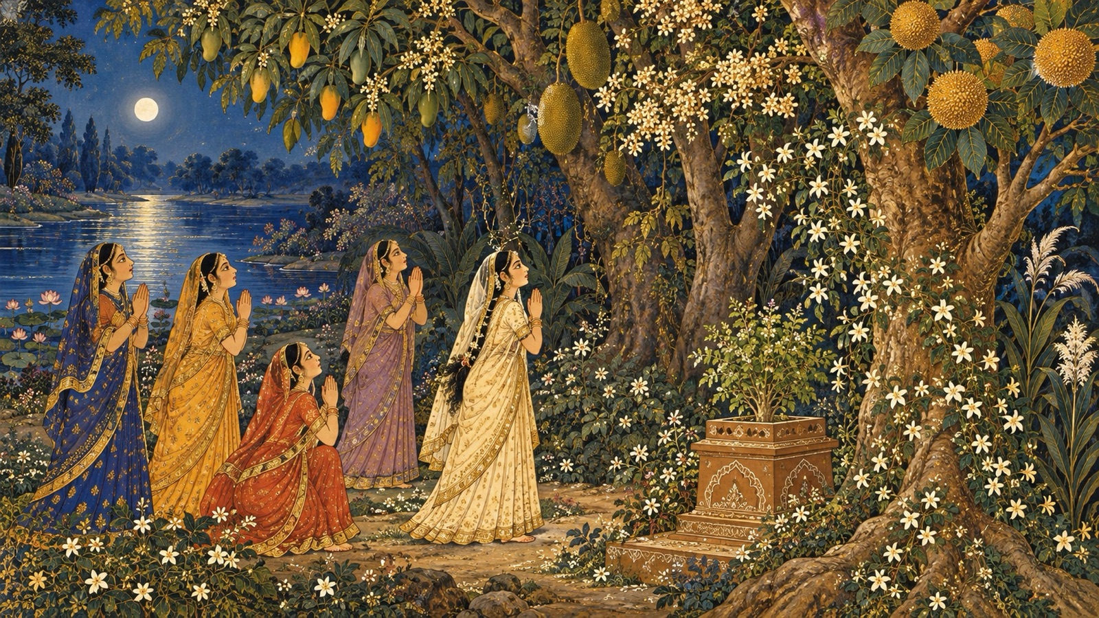 Gopis of Vraja with folded hands questioning the trees and creepers on the bank of the Yamuna about Krishna