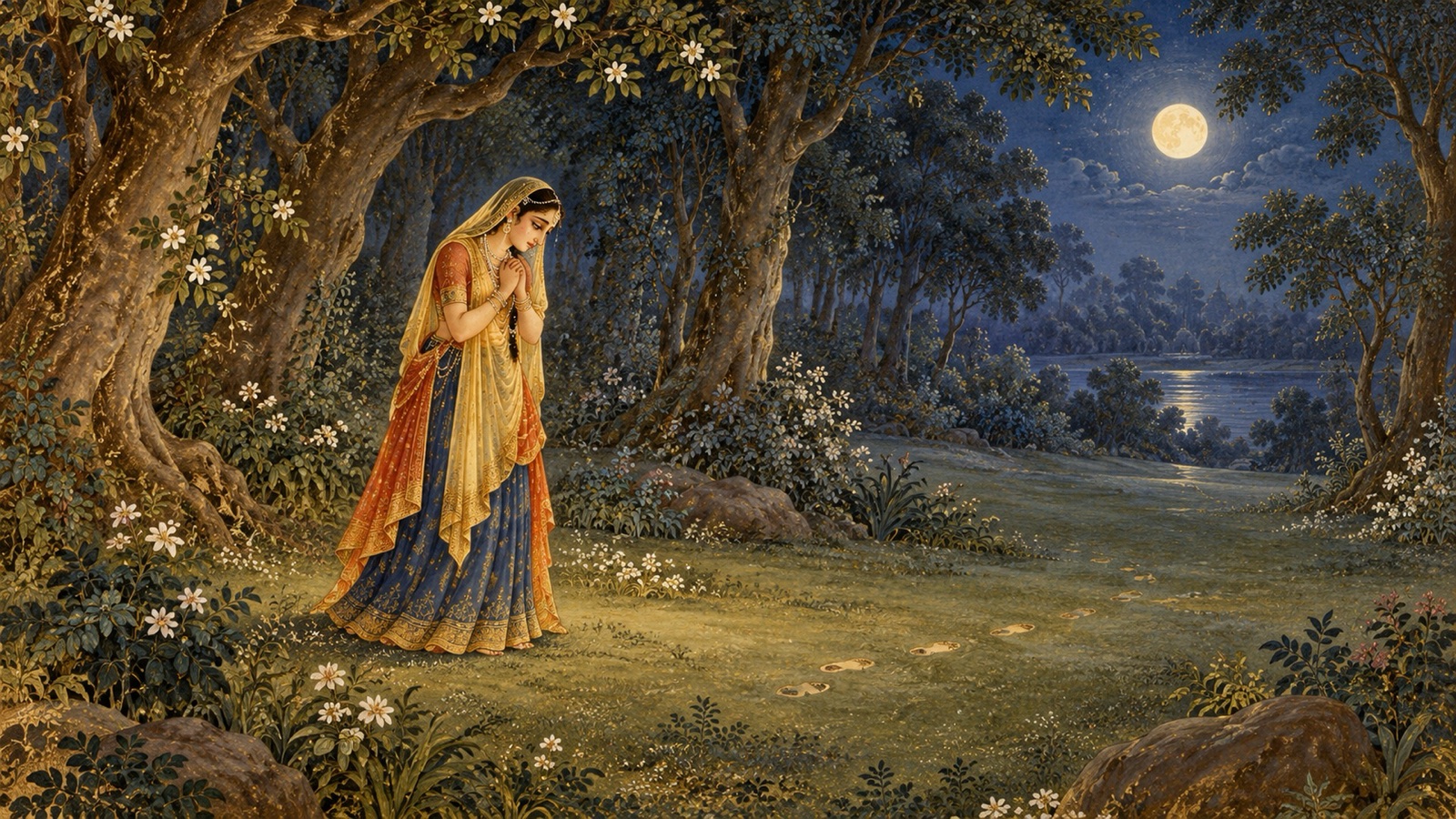 A lone gopi standing in the empty moonlit forest calling out for Krishna after He has vanished from her side