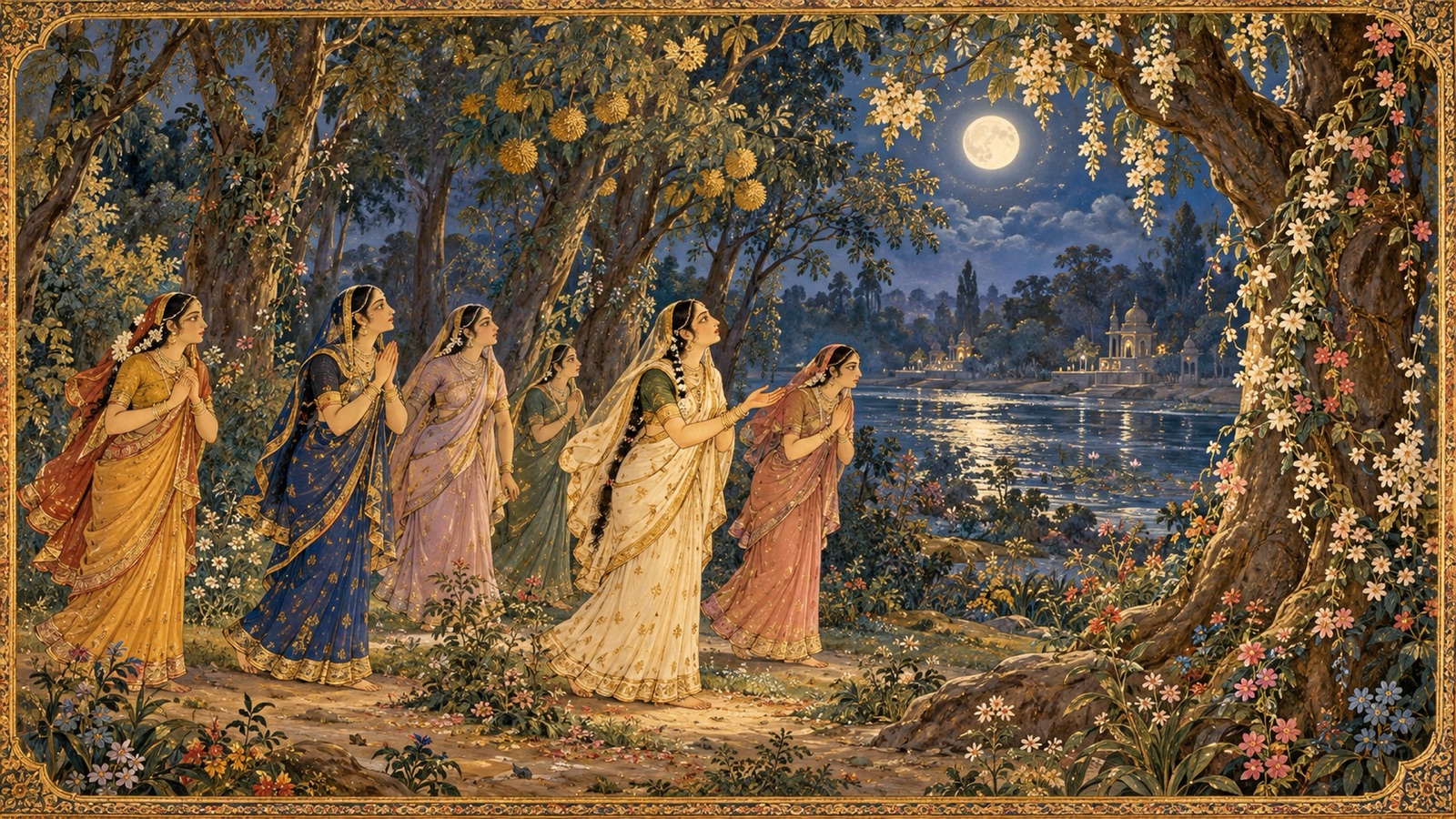 The cowherd women of Vraja searching the moonlit forest of Vrindavana for Krishna and questioning the trees about Him