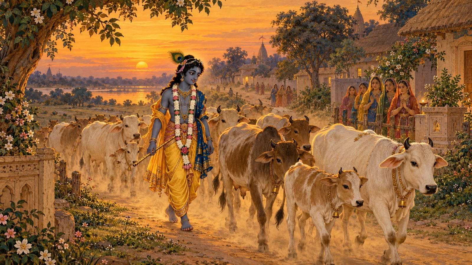 संध्या को गौओं के पीछे व्रज लौटते कृष्ण, जिनका मुख गौओं की उड़ाई धूल से धूसर है
