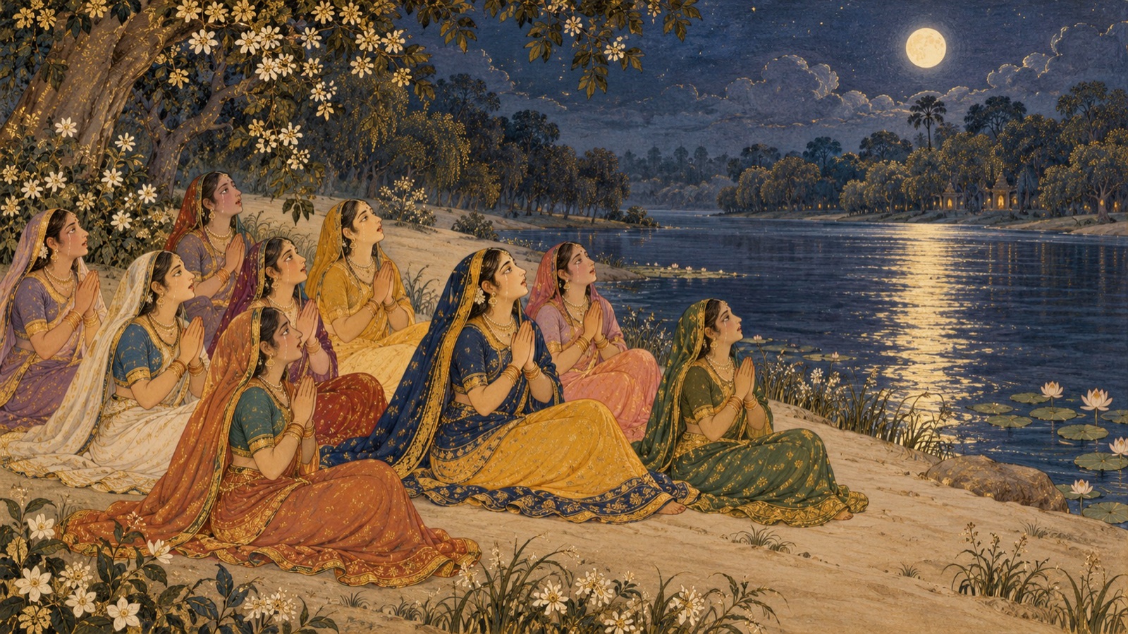 यमुना की चाँदनी-धुली बालू पर बैठी, हाथ जोड़े, कृष्ण के विरह में गाती व्रज की गोपियाँ