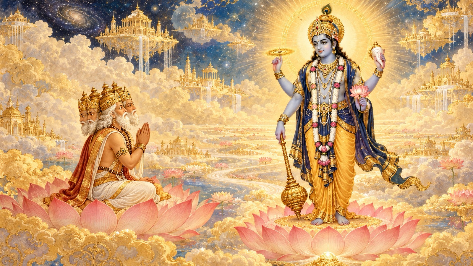 Four-faced Brahma with folded hands entreating four-armed Lord Narayana to descend for the protection of the universe