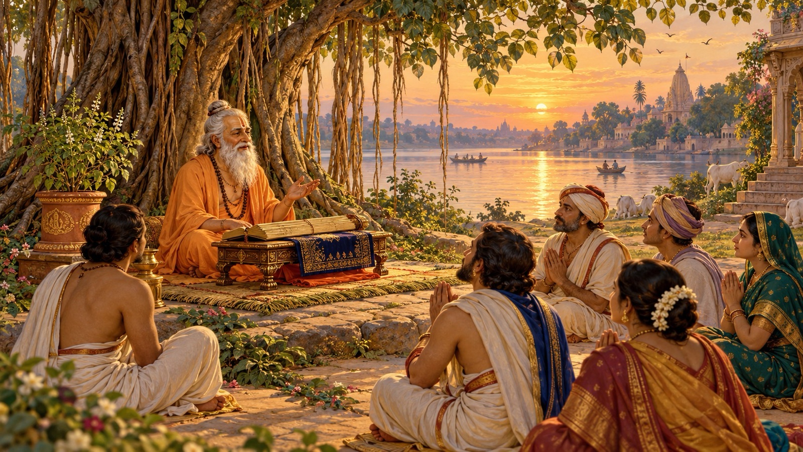 Sages and devotees reciting the glories of the Lord to listeners gathered under a tree beside a river