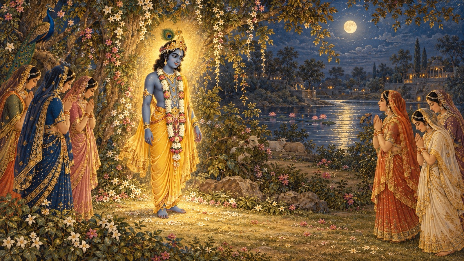 मन्द मुस्कान, वनमाला और पीताम्बर के साथ विरह में डूबी व्रज-गोपियों के बीच प्रकट होते श्रीकृष्ण