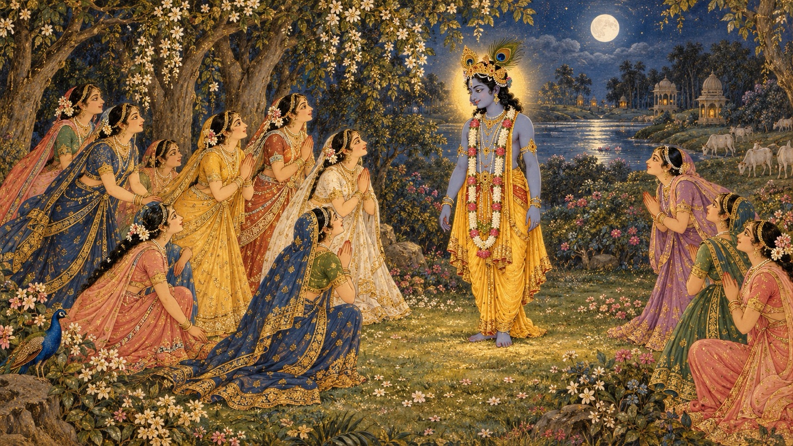 The cowherd women of Vraja rising together with folded hands as Krishna stands before them