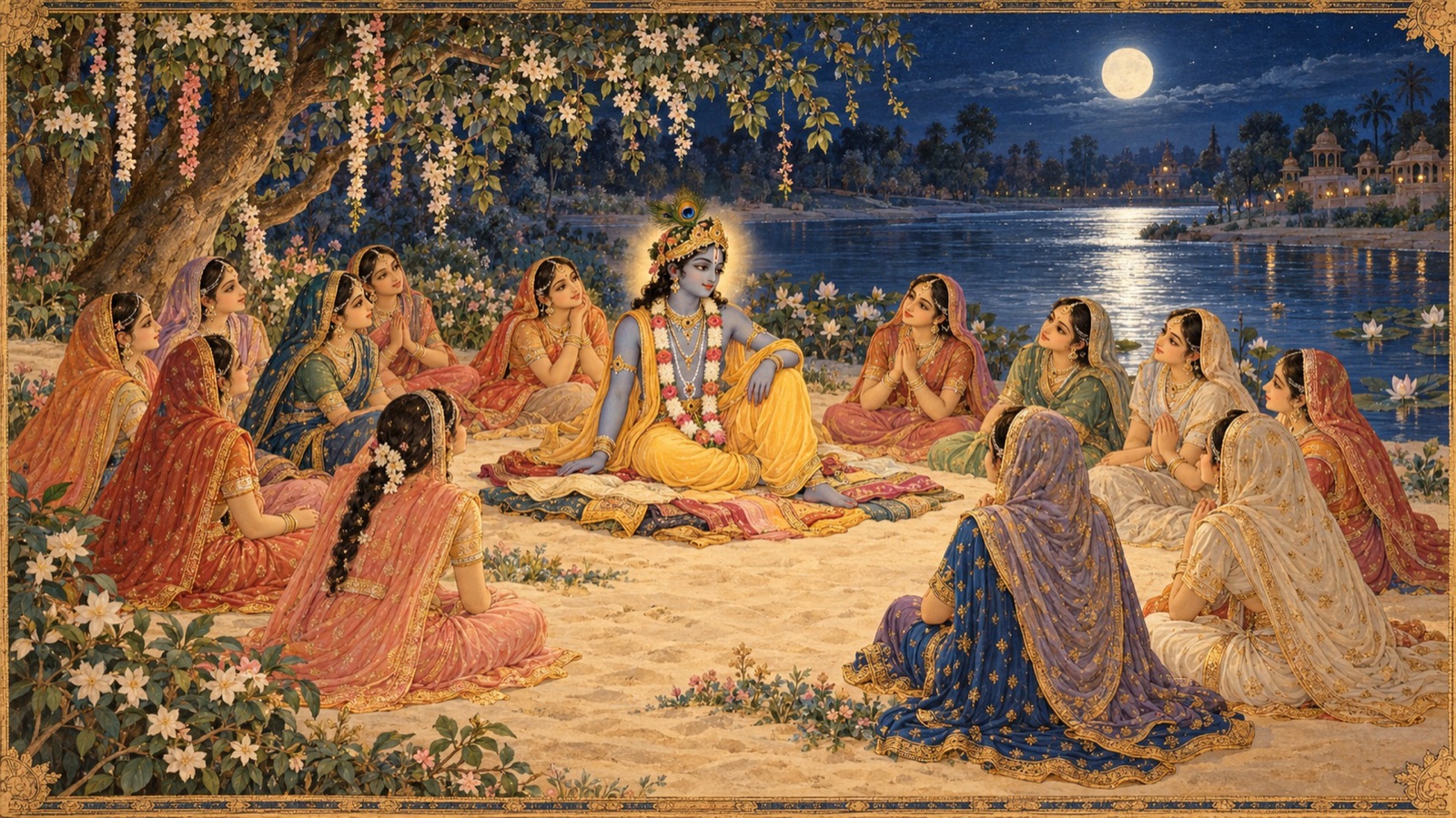 Krishna seated on a riverbank seat prepared from the gopis' upper cloths, the women seated reverently nearby