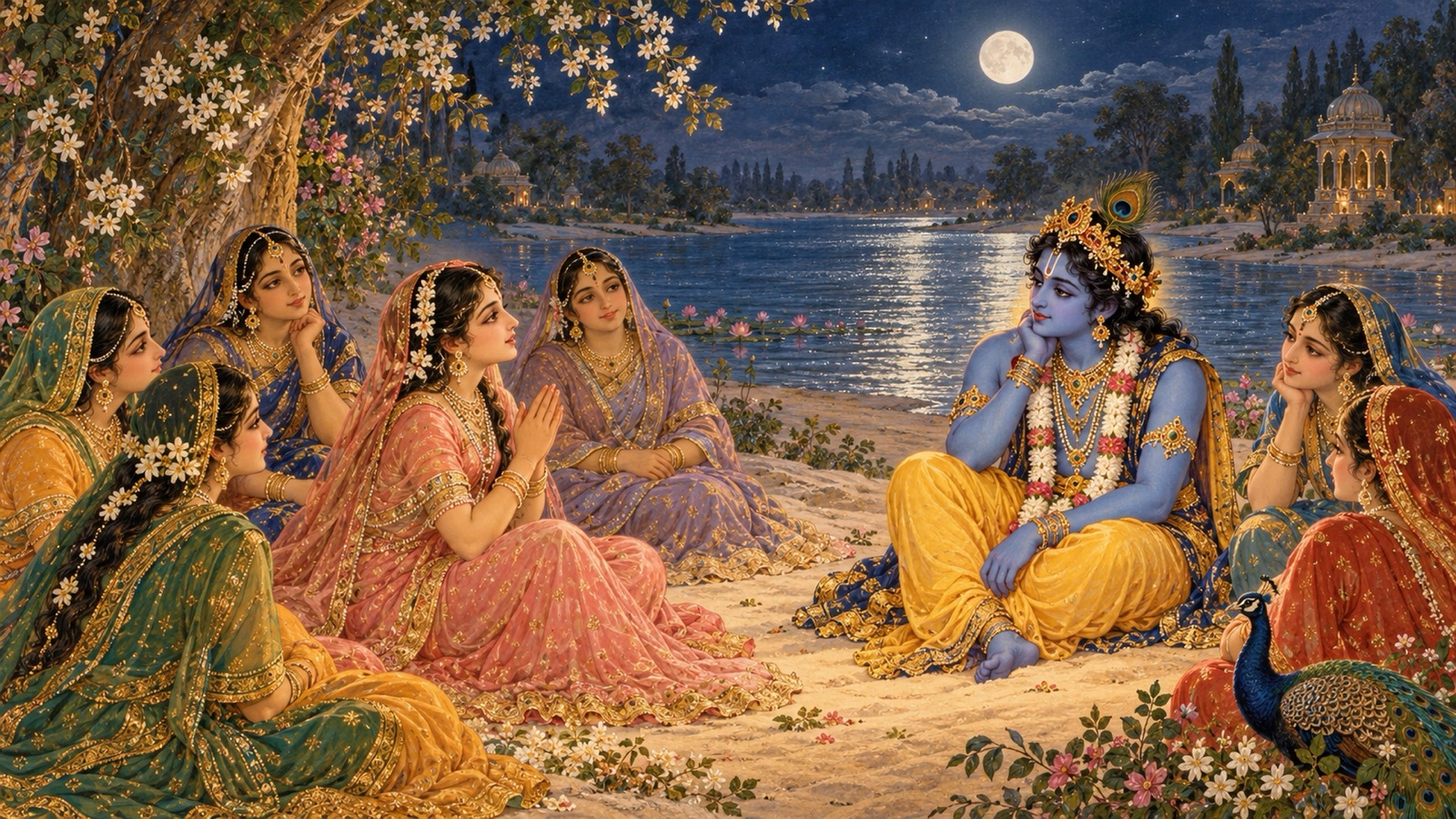 The gopis with folded hands putting their question about love to Krishna seated on the Kalindi sands