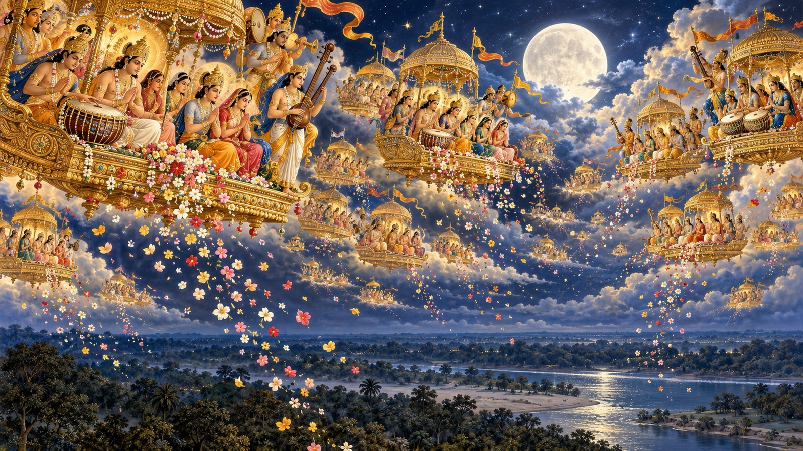 Celestial beings in aerial cars above the moonlit Yamuna, sounding drums and raining flowers upon the rasa circle below