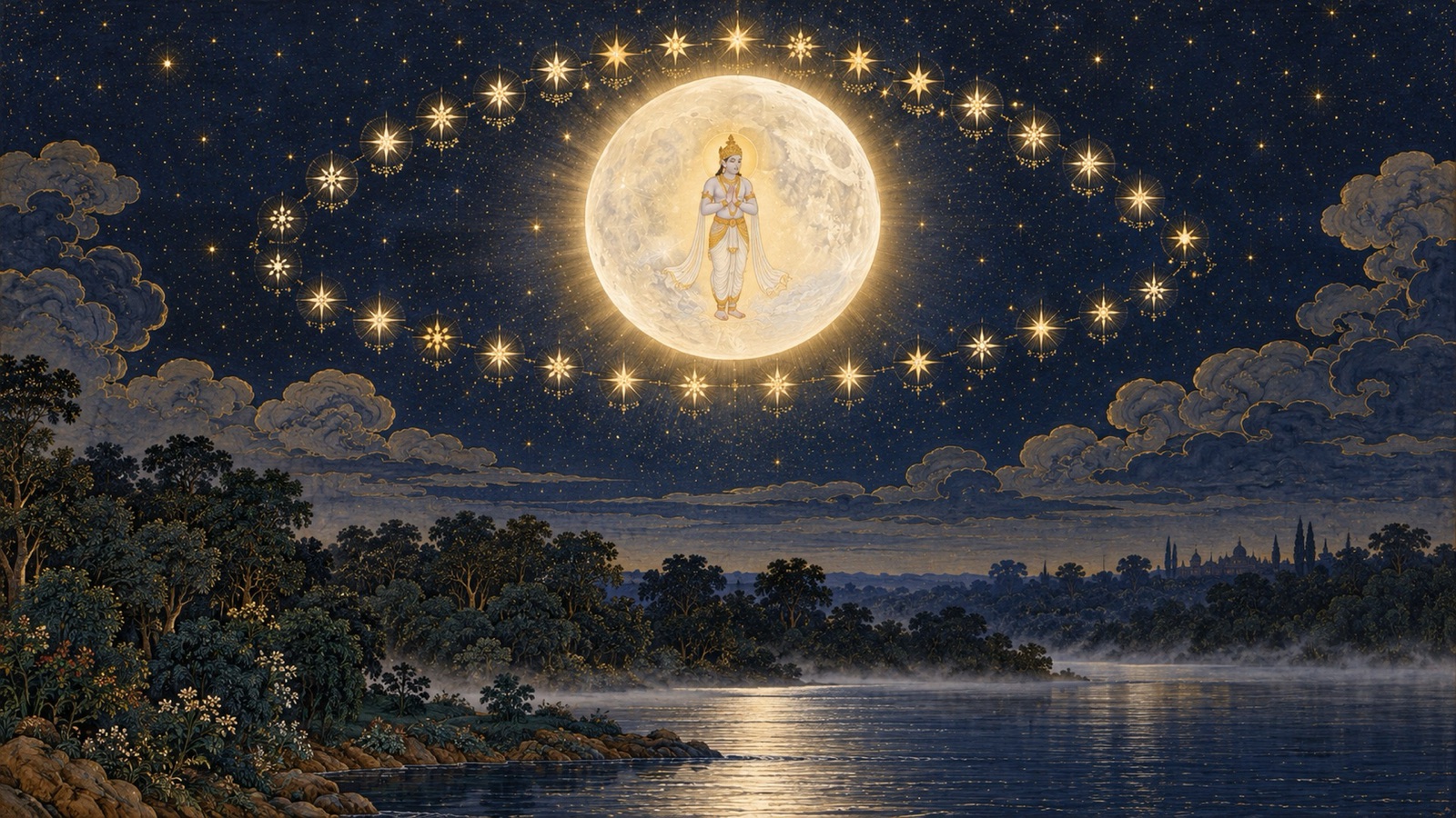 The moon with his retinue of lunar mansions standing motionless in wonder above the forest of Vrindavana