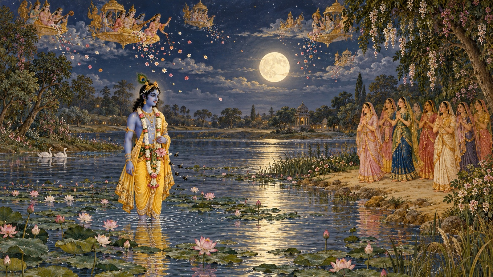 Krishna standing in the shallow lotus-filled water of the Yamuna while the gods above shower flowers