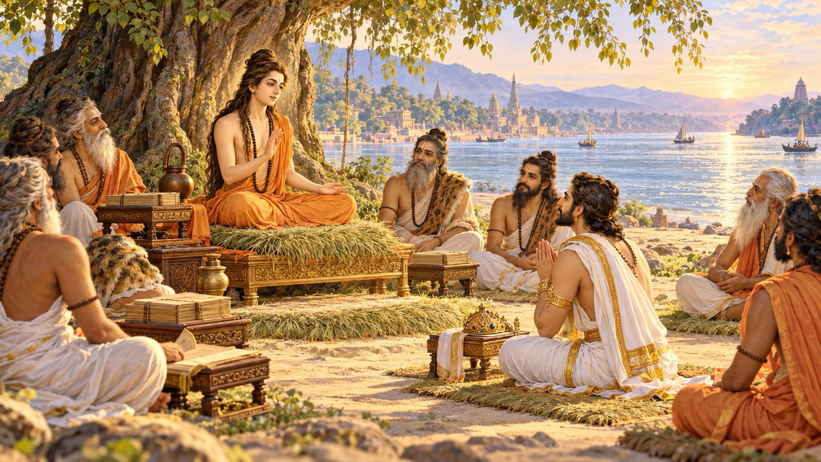 Sukadeva Gosvami answering King Parikshit's question before an assembly of sages on the bank of the Ganga