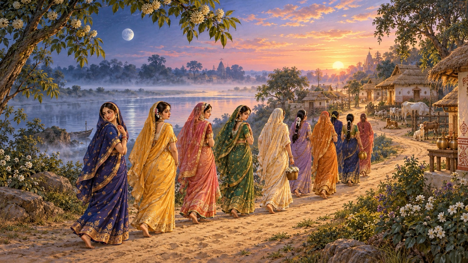 The cowherd women of Vraja walking home along the riverside path at daybreak after the night of the rasa dance