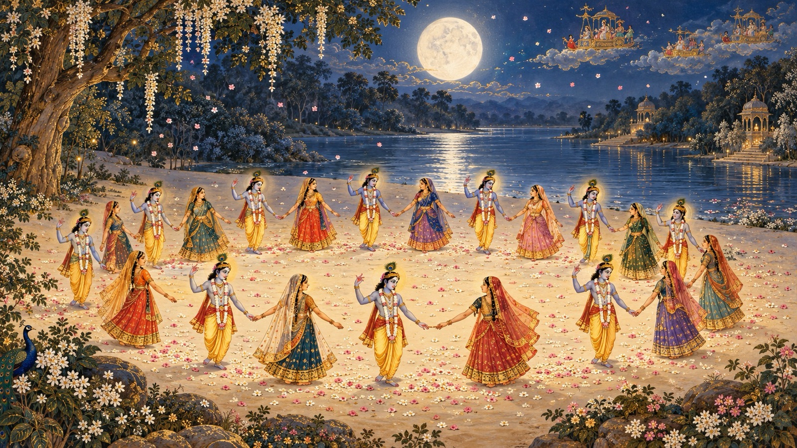 The rasa circle on the moonlit sand of the Yamuna, with Krishna present between every two of the cowherd women of Vraja