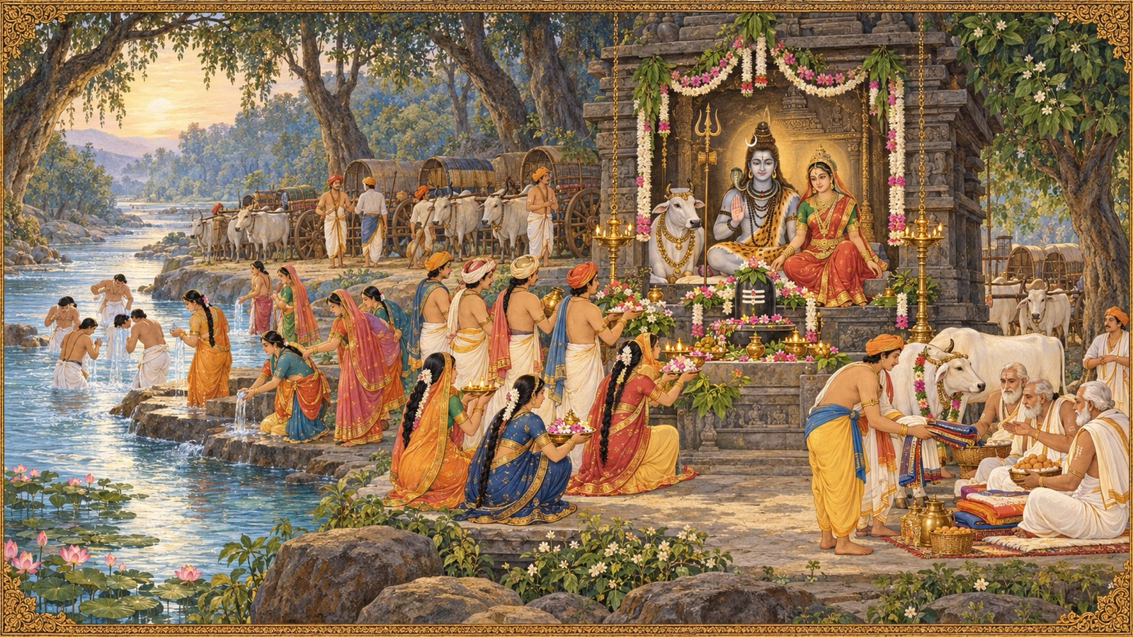 अम्बिकावन में सरस्वती में स्नान कर भगवान् पशुपति और देवी अम्बिका का पूजन करते व्रज के गोप