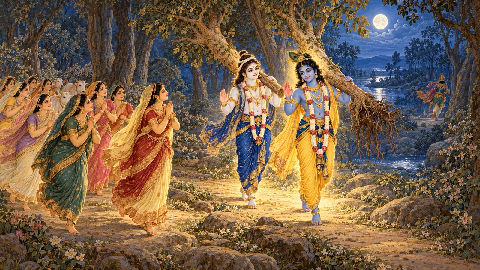 The women of Vraja running back to Krishna and Balarama, who hold sal trees and call out words of assurance