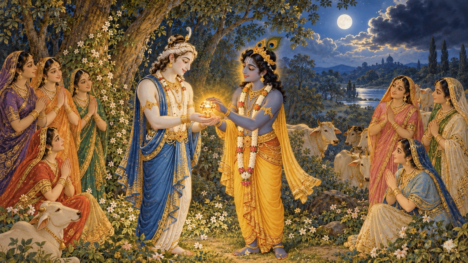 Krishna lovingly presenting the brilliant crest-jewel to Balarama while the women of Vraja look on
