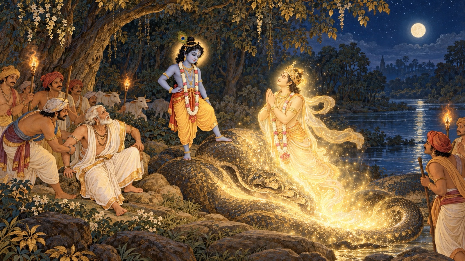 Krishna touching the great serpent with His foot as Nanda is released and a radiant Vidyadhara rises in its place