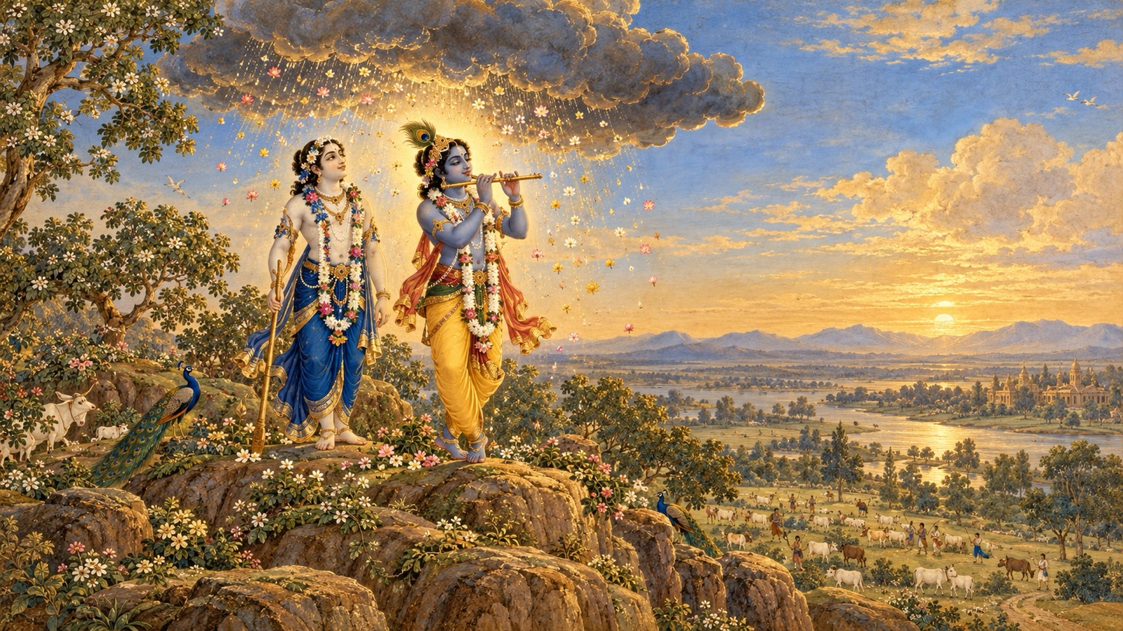 पर्वत-शिखर पर खड़े कृष्ण और बलराम पर छत्र-सी छाया करता मेघ