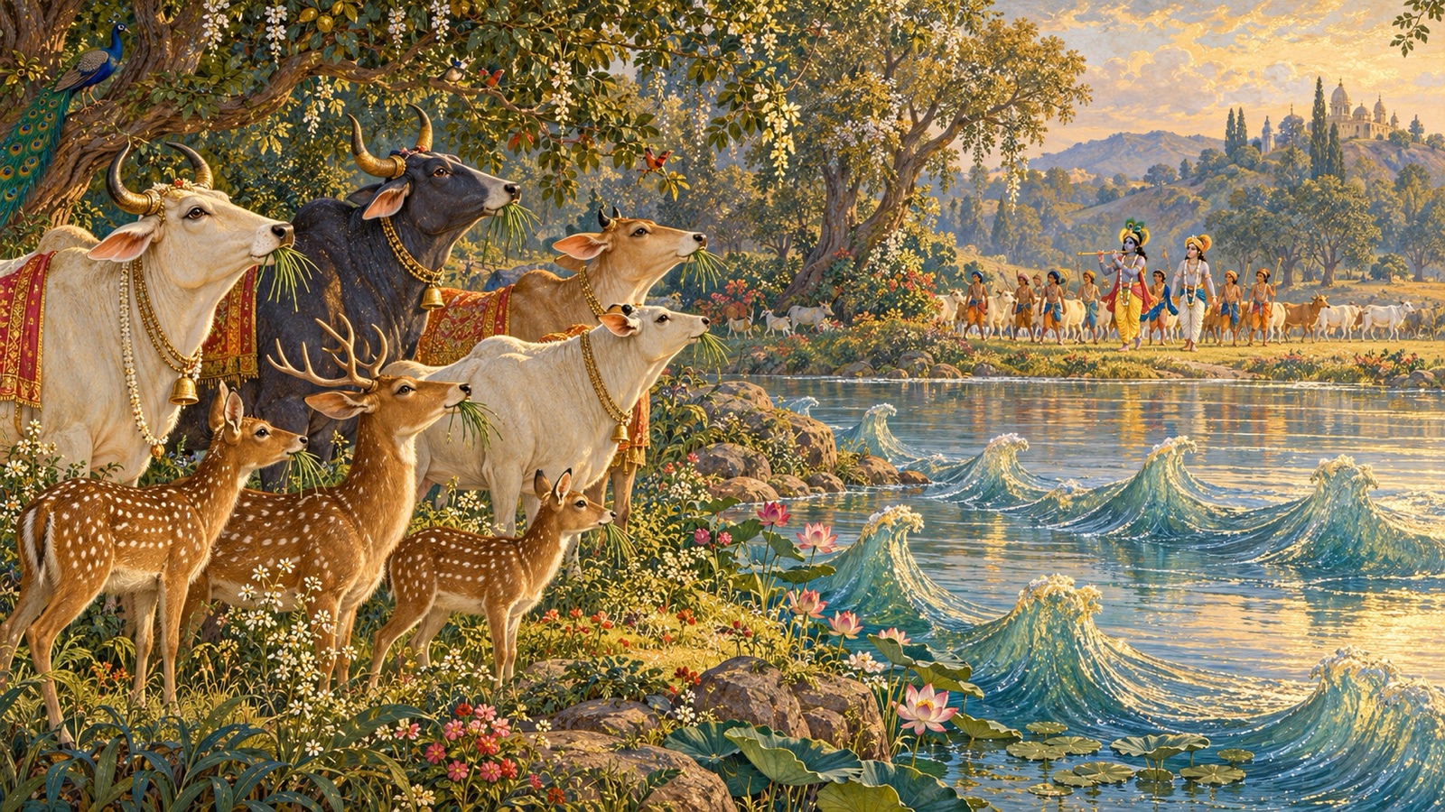 Bulls, cows and deer standing motionless with erect ears while the river waves rise towards the dust of Krishna's feet