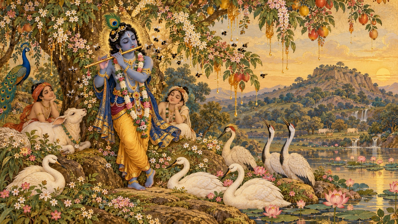Forest creepers and trees bowing low and raining honey while swans and cranes sit silently beside Krishna
