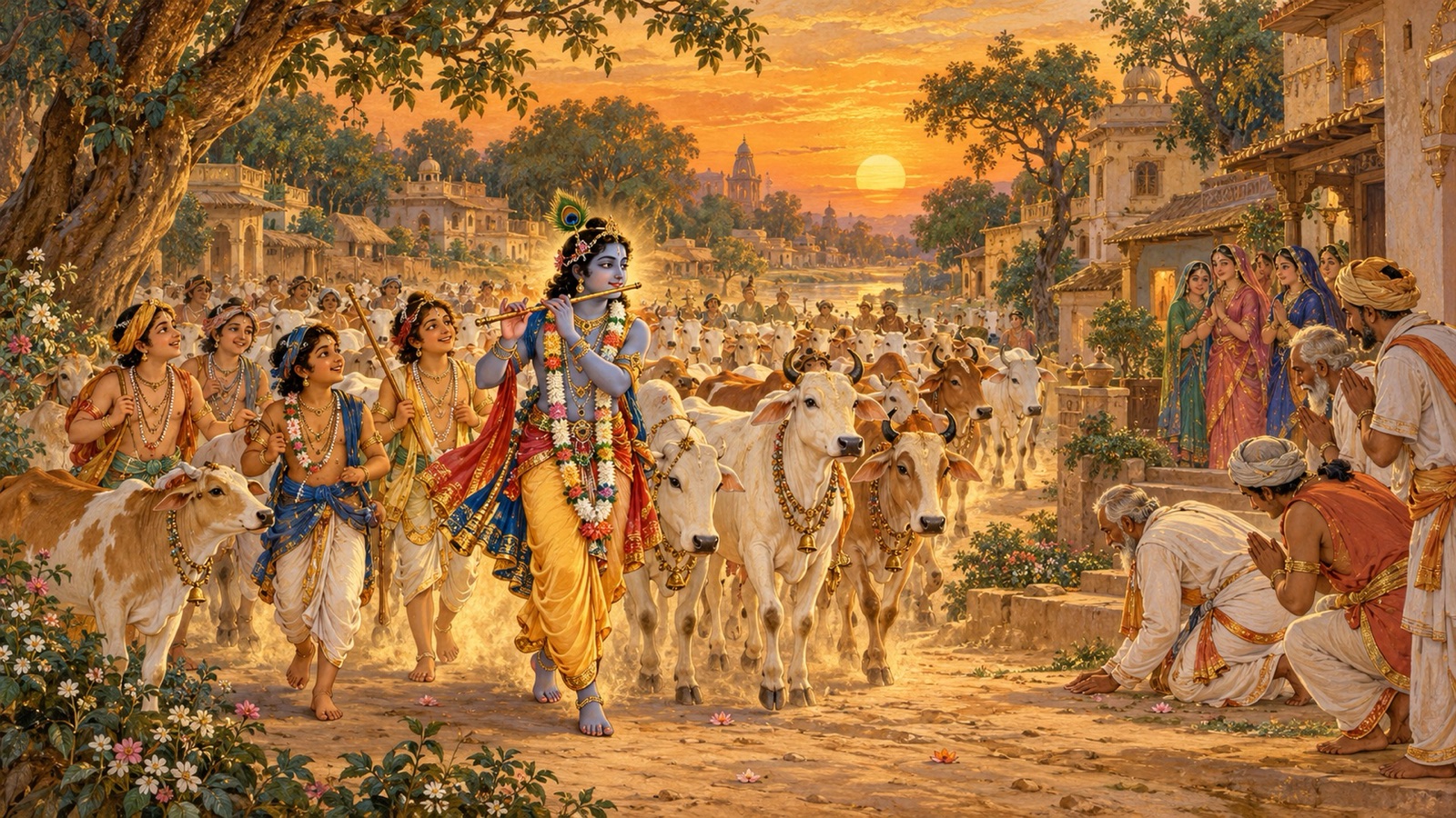 Krishna returning to Vraja at evening with the cows, His garland powdered by the dust of their hooves
