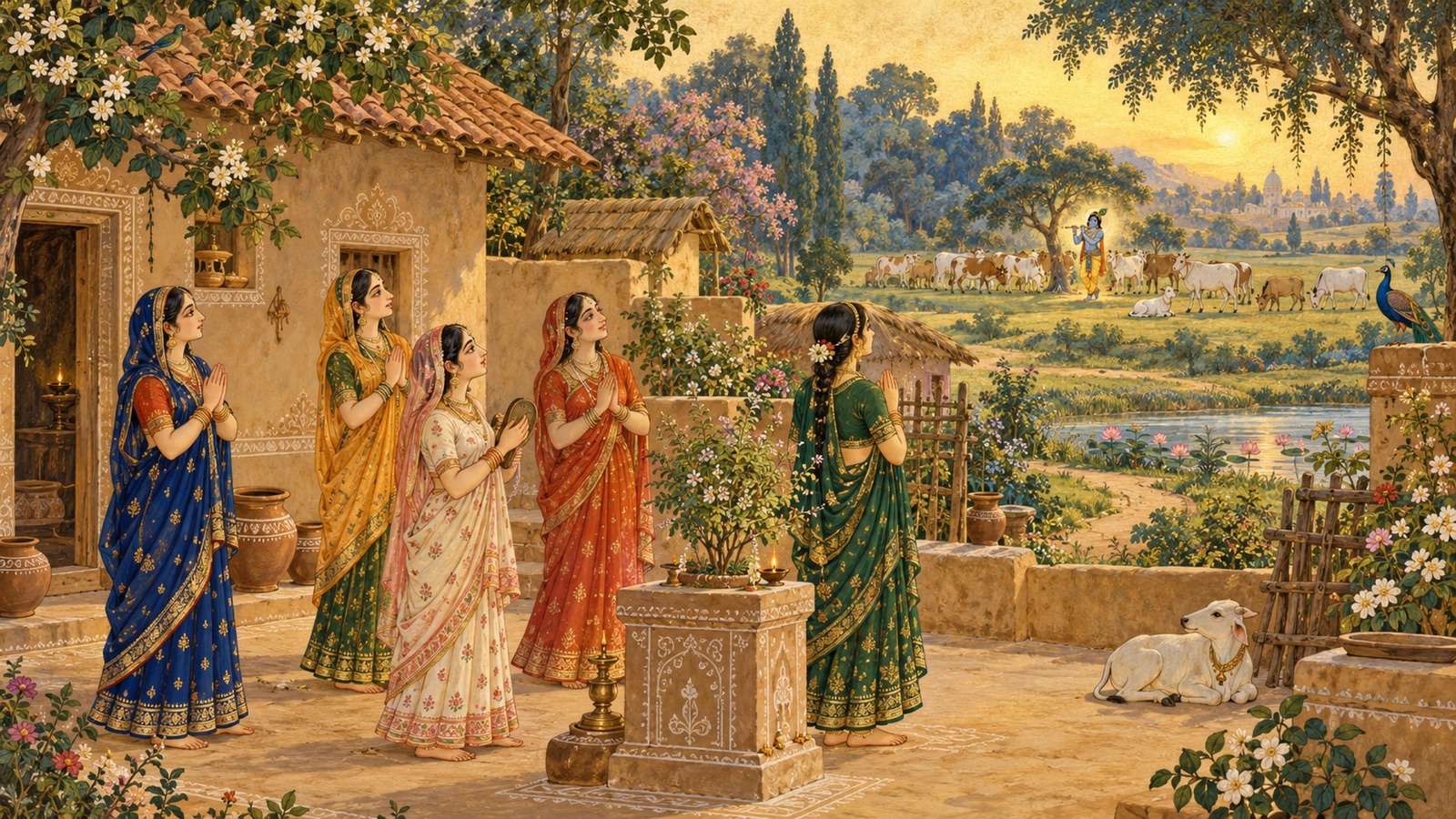 The cowherd women of Vraja singing together of Krishna while He plays His flute among the cows in the distant forest
