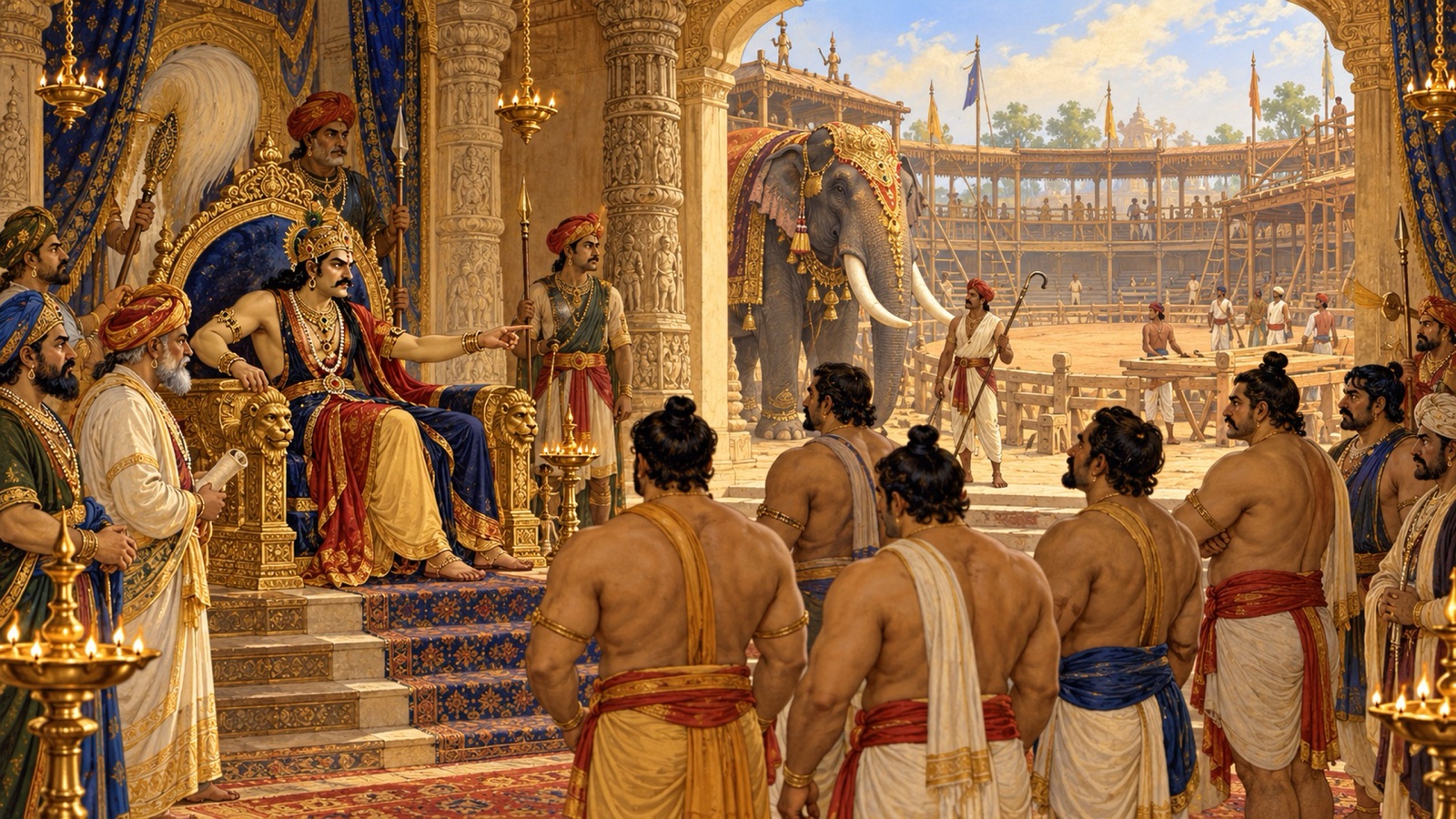राजसभा में बैठा कंस मल्लों, मन्त्रियों और हस्तिपालों को रंगभूमि के विषय में आदेश देता हुआ