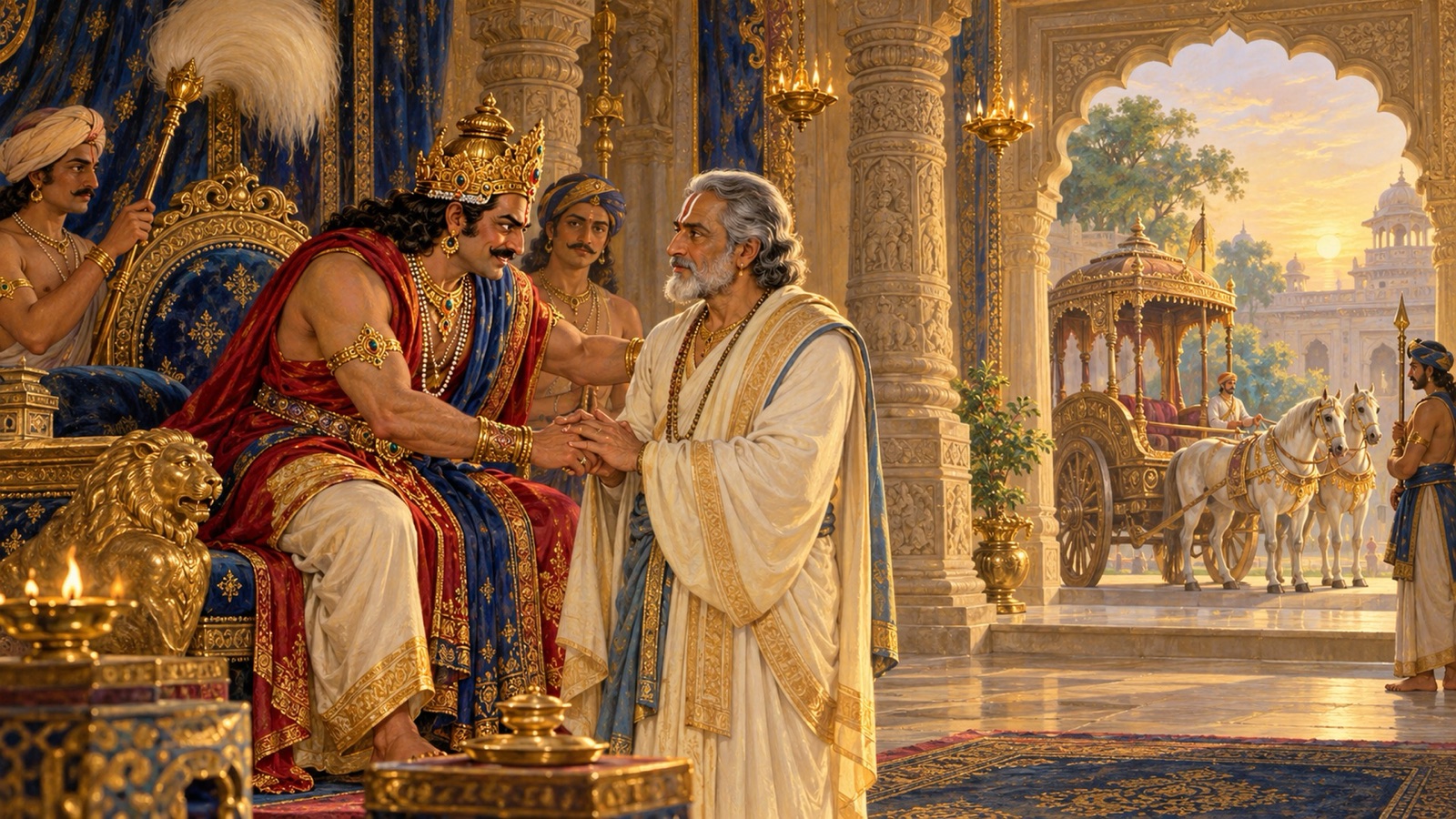 अक्रूरजी का हाथ पकड़कर उन्हें व्रज जाने को कहता कंस, पीछे प्रतीक्षा करता रथ