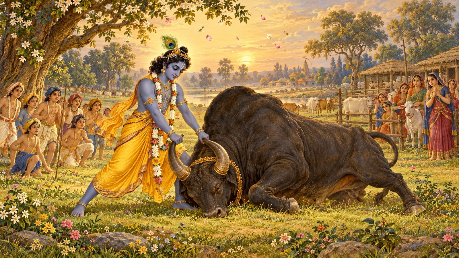 वृषभासुर अरिष्ट के सींग पकड़कर उसे भूमि पर दबाते कृष्ण, जिन्हें गोप देख रहे हैं