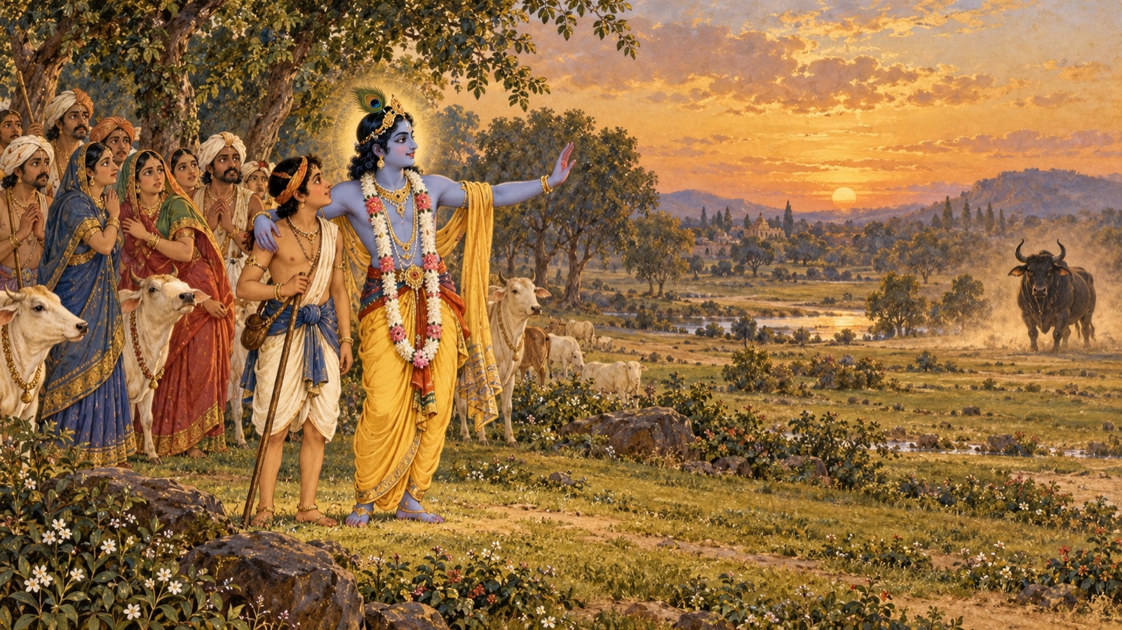 Krishna reassuring the frightened cowherds and calling out the bull demon with His arm resting on a friend's shoulder