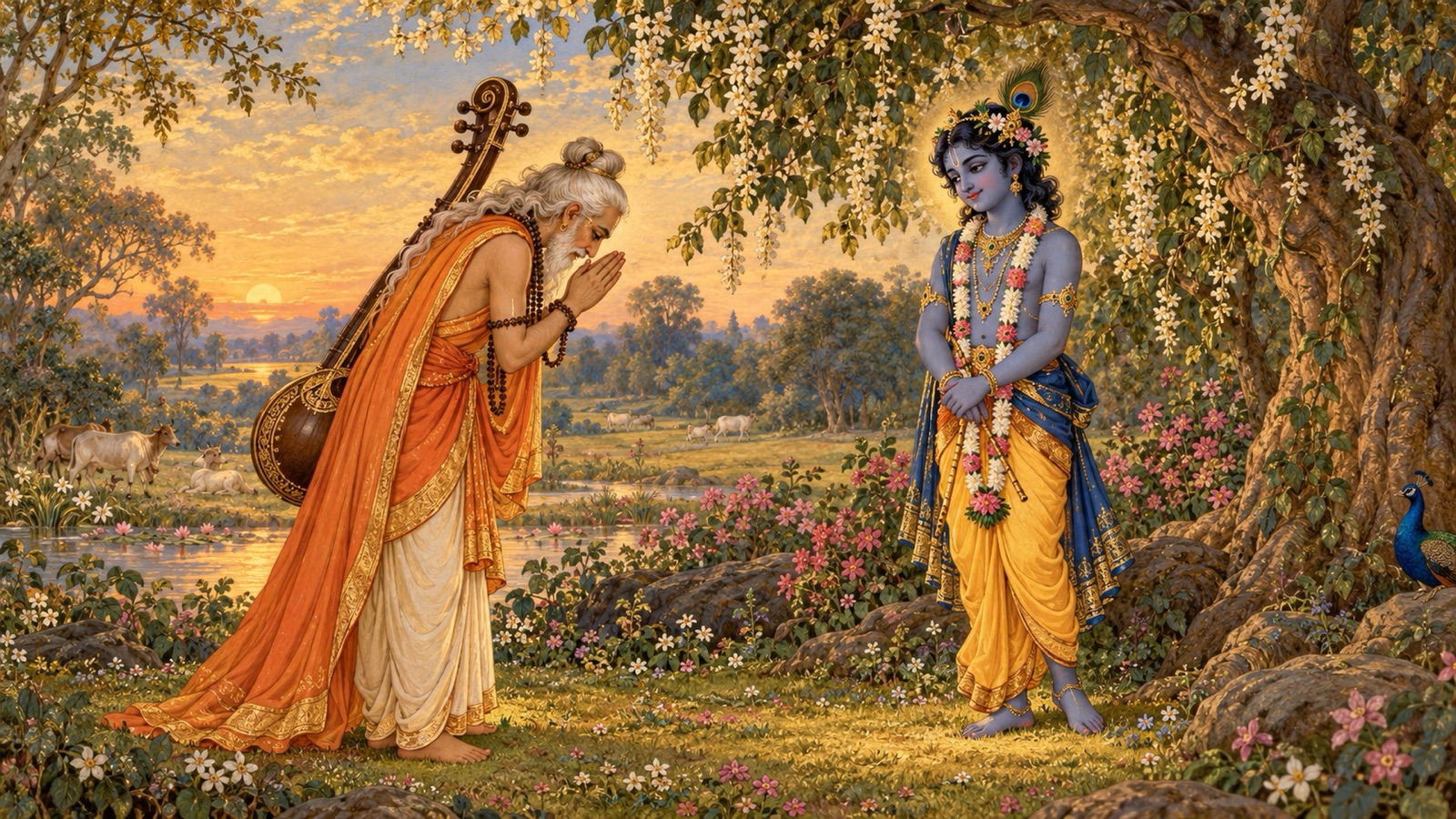 केशी के वध के पश्चात् एकान्त में कृष्ण के सम्मुख हाथ जोड़कर स्तुति करते देवर्षि नारद