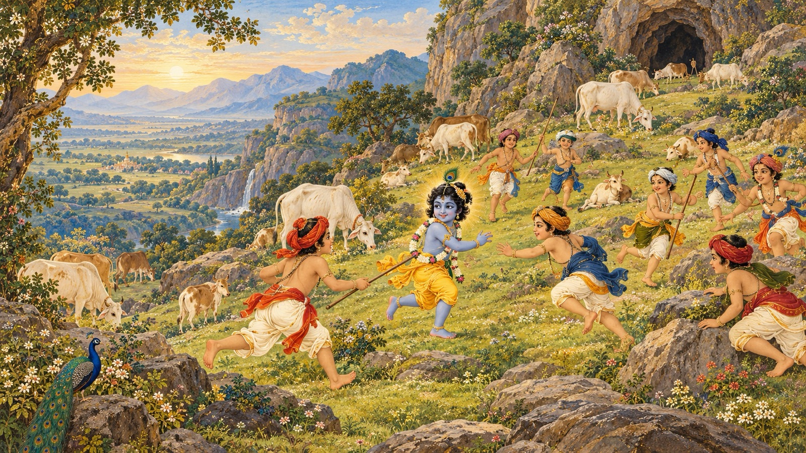 व्रज की पर्वत-ढलानों पर गौओं के चरते समय चोर, रखवाले और भेड़ का खेल खेलते गोप-बालक