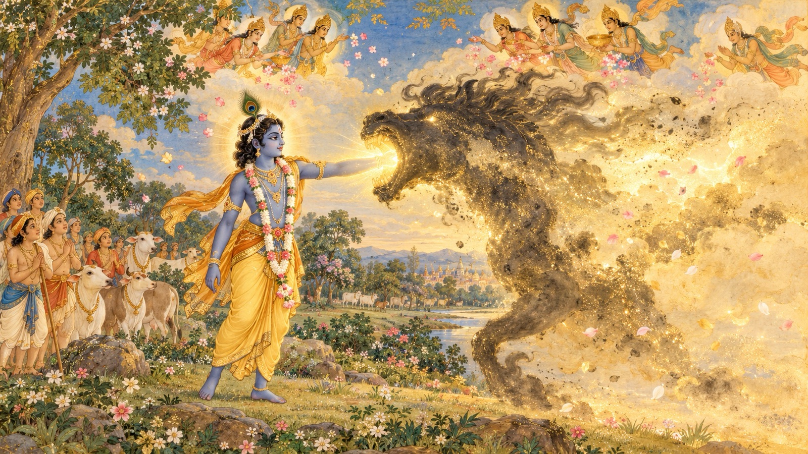 Krishna smiling as His radiant left arm enters the mouth of the horse-demon Keshi, whose form begins to dissolve in golden light