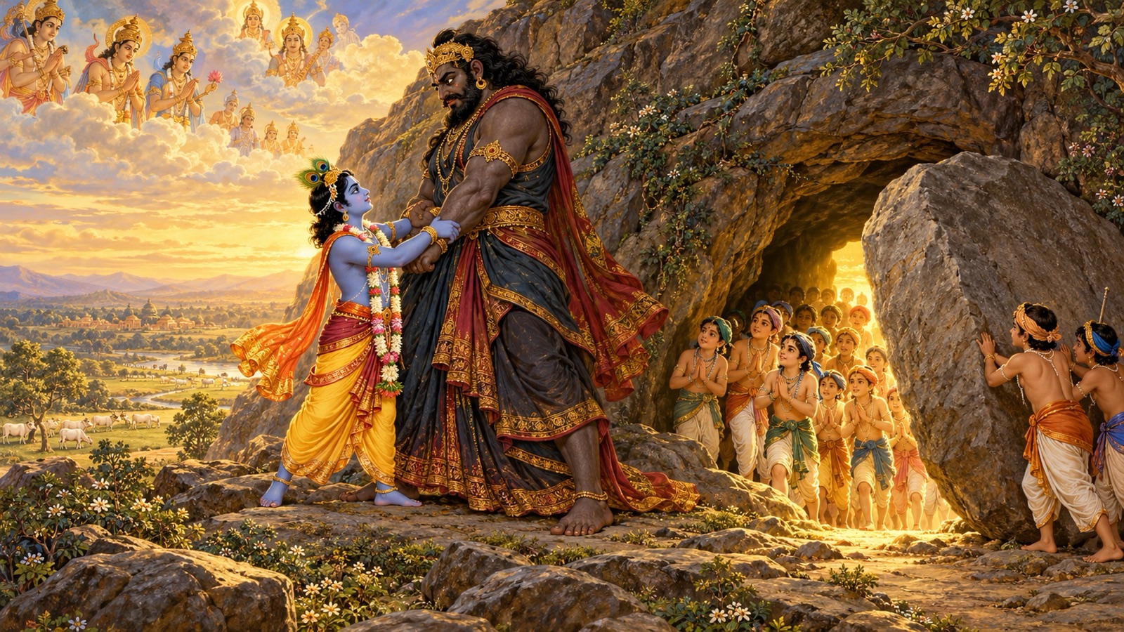 Krishna firmly holding the demon Vyoma beside a mountain cave sealed with a great stone slab in which the cowherd boys are shut