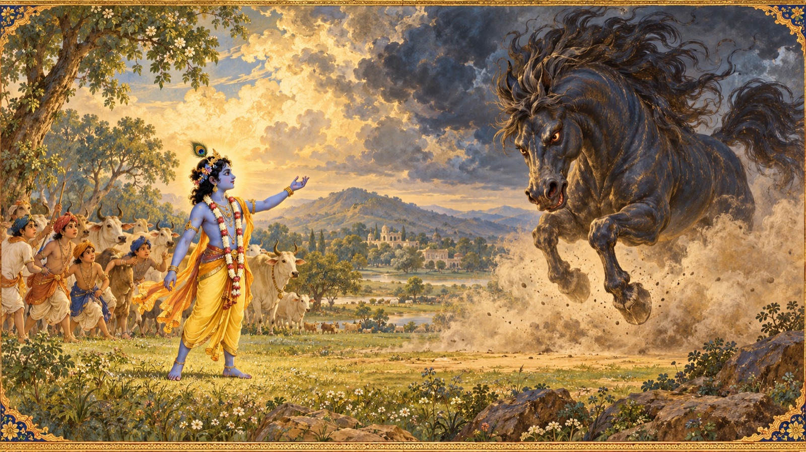 Krishna standing calmly before the gigantic cloud-dark horse-demon Keshi as it charges into the pastures of Vraja