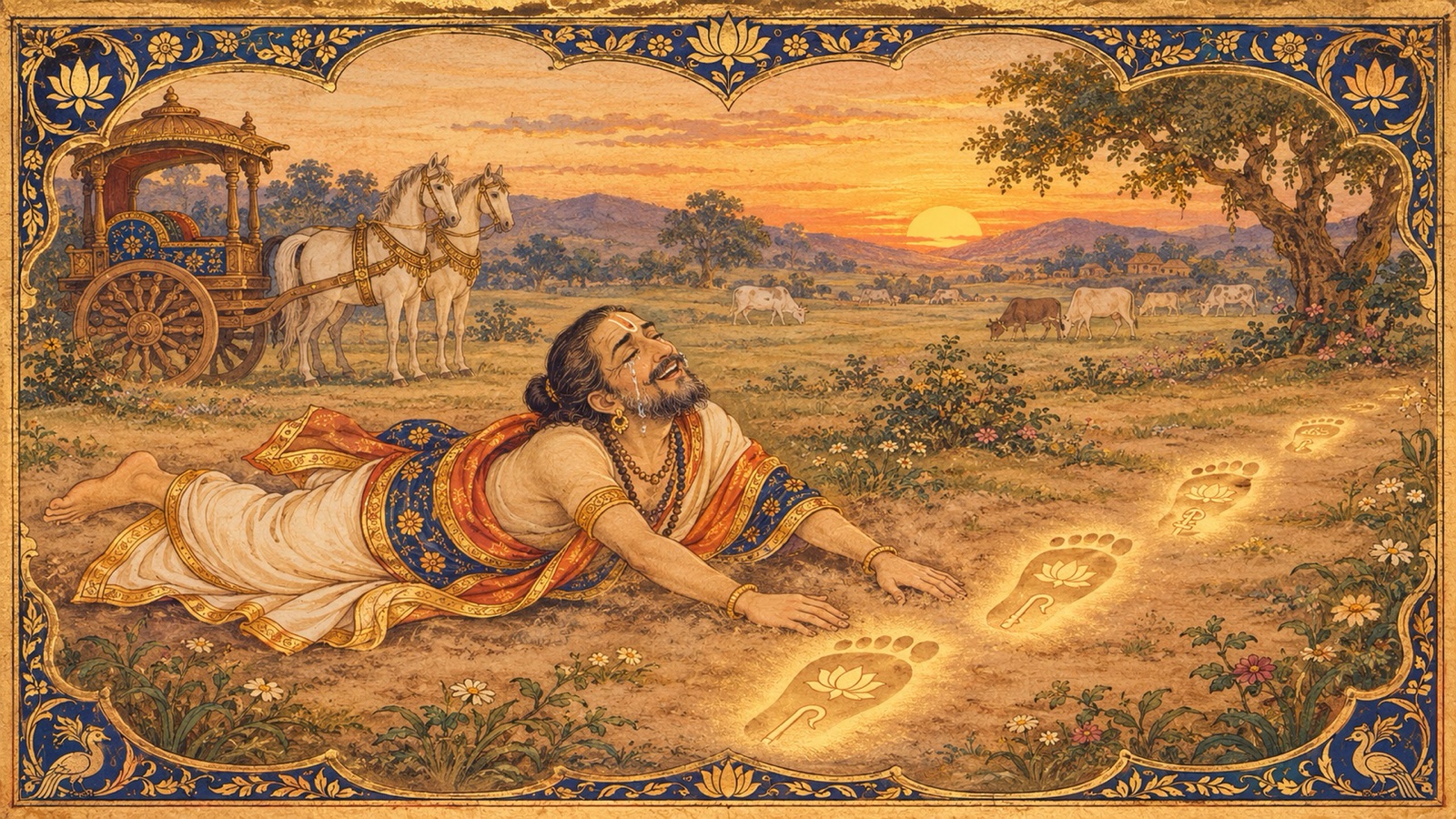 सन्ध्या-बेला में व्रज के गोष्ठ में श्रीकृष्ण के चरण-चिह्नों की धूल में लोटते अक्रूरजी, पीछे खड़ा उनका रथ