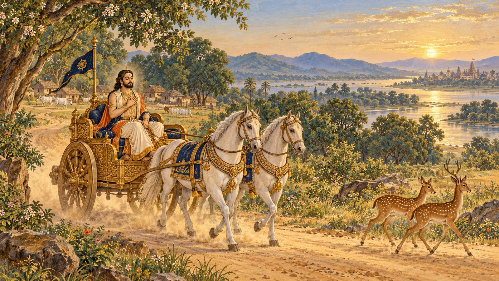 Akrura riding his chariot along the road from Mathura to Gokula, absorbed in thoughts of Krishna