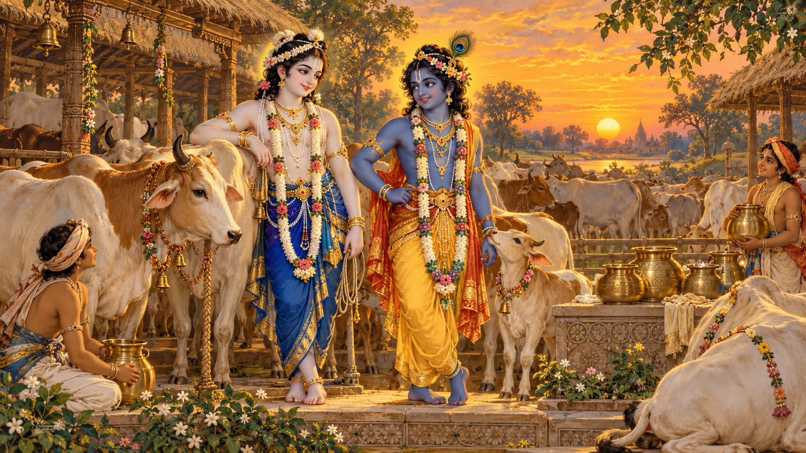 Krishna in yellow and Balarama in blue standing in the cow-milking yard of Vraja, garlanded with forest flowers