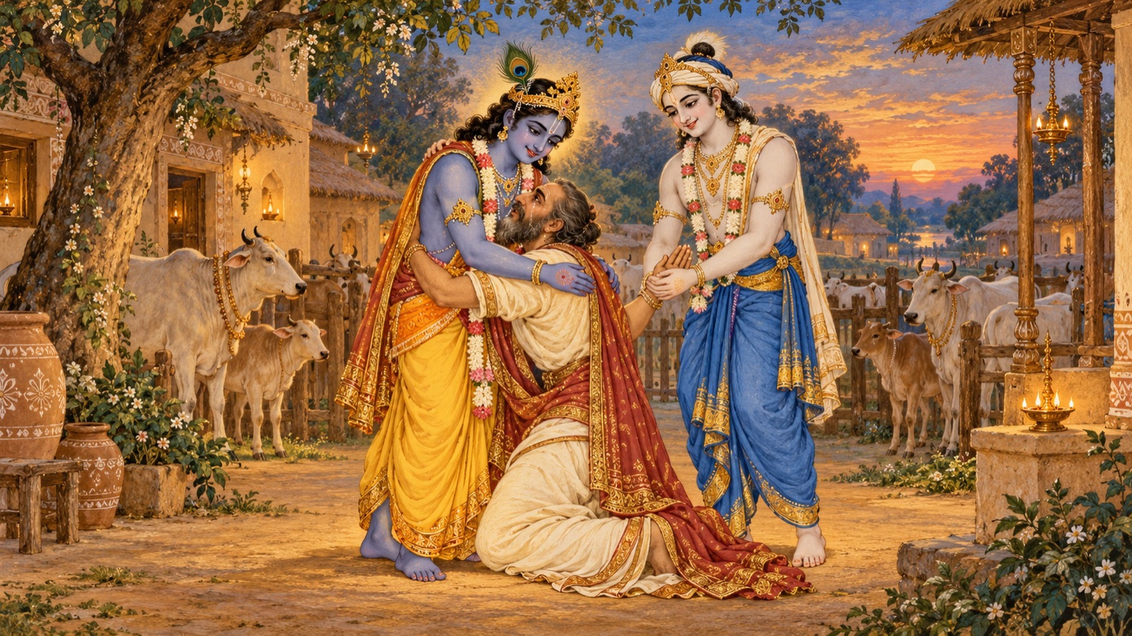 Krishna and Balarama raising Akrura from his prostration and embracing him in the courtyard of Vraja