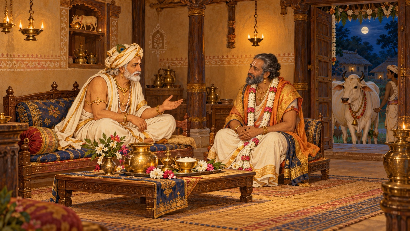 Nanda Maharaja speaking with Akrura seated on an honoured seat in the evening lamplight of his house in Vraja