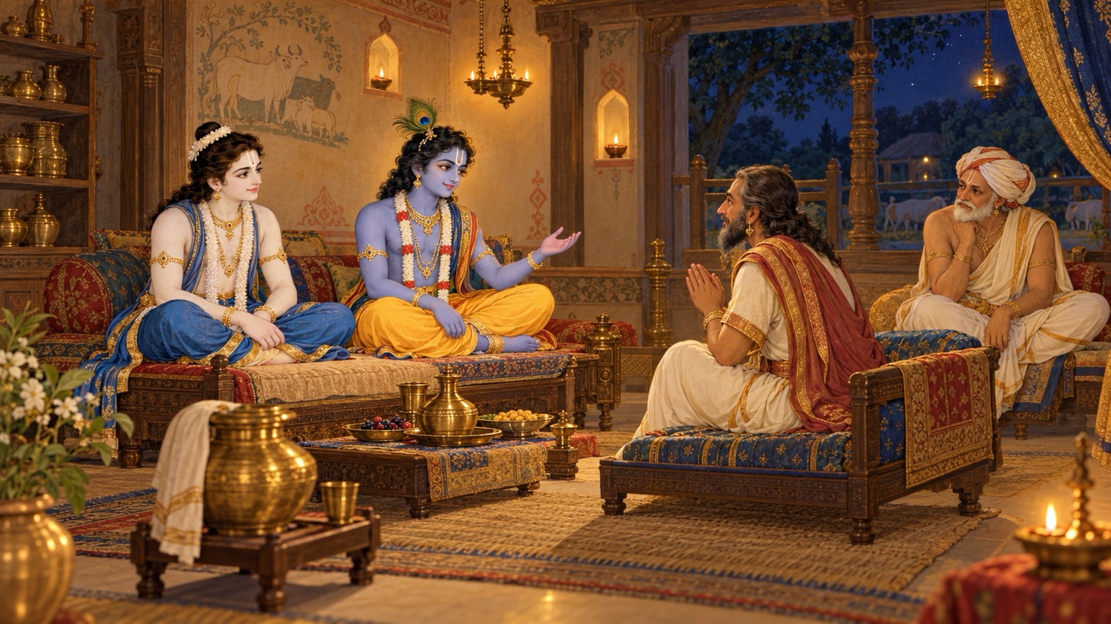 सन्ध्या को नन्दजी के घर में अक्रूरजी के साथ बैठे श्रीकृष्ण और बलराम, श्रीकृष्ण कंस और यदुवंशियों का कुशल पूछते हुए