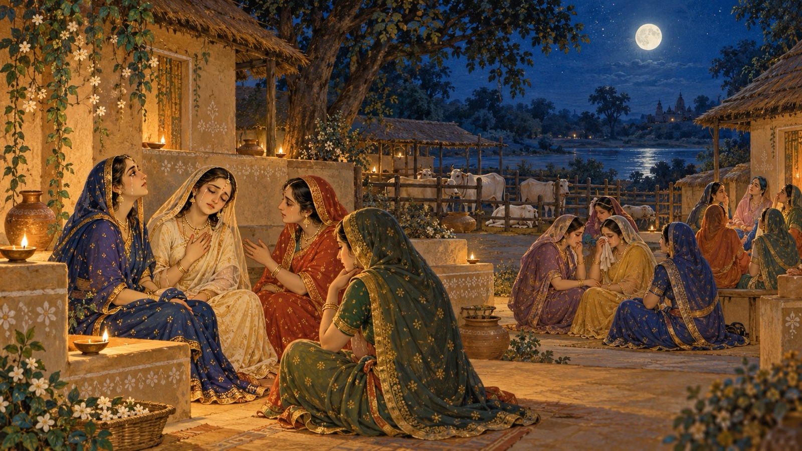 प्रस्थान की पूर्व-रात्रि में टोलियों में बैठी व्रज की गोपियाँ, श्रीकृष्ण का स्मरण करती हुई रोती हुईं